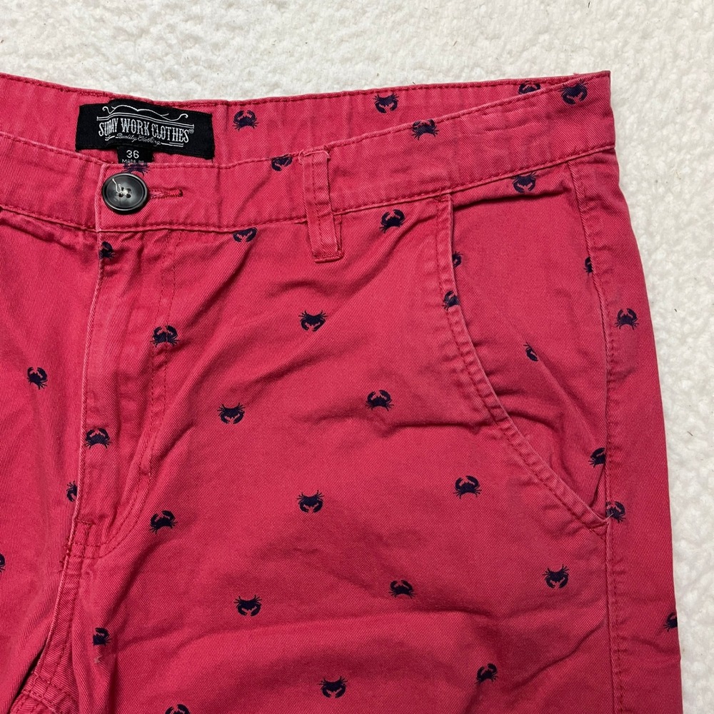 Sunday Work Clothes Shorts Mens 36 Red Crab Print Chino Flat Front Casual Cotton